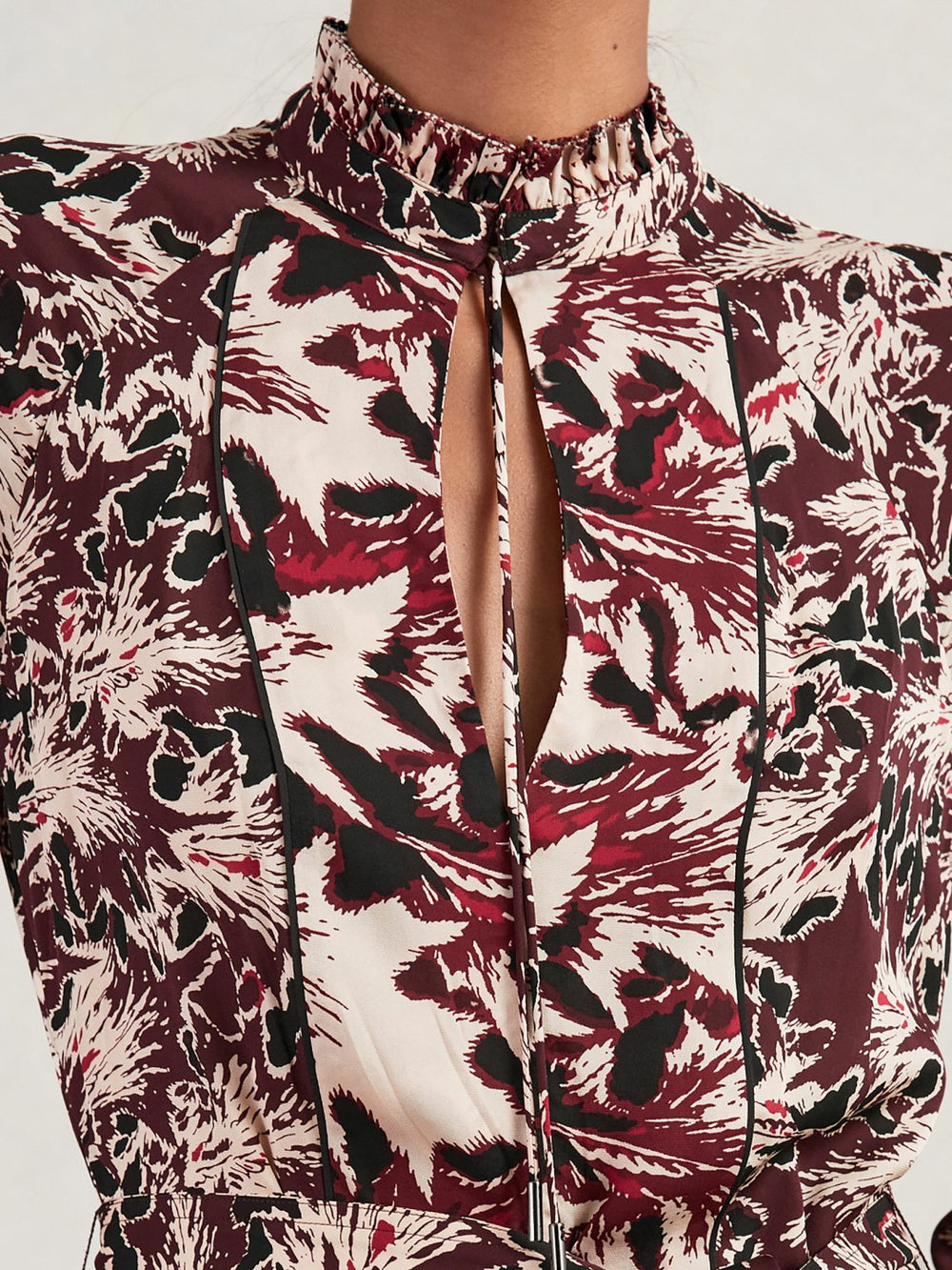 Printed Tie-Waist Flippy Mini Dress in Burgundy/Cream