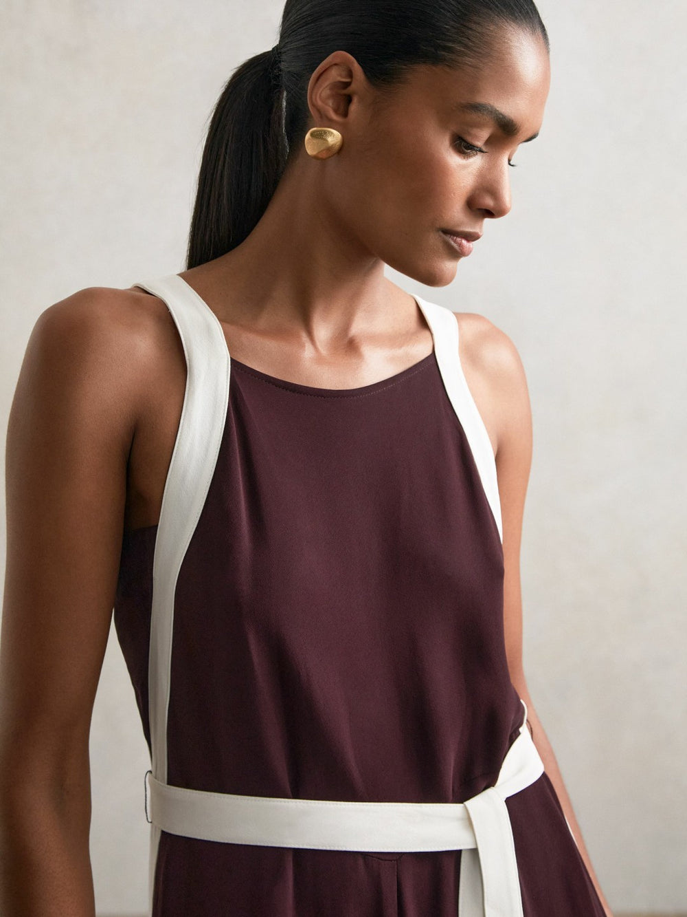 Colourblock Wide Leg Belted Jumpsuit in Burgundy/Cream