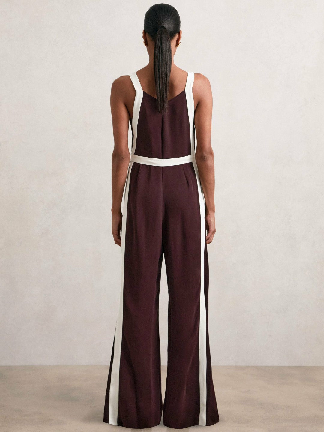 Colourblock Wide Leg Belted Jumpsuit in Burgundy/Cream
