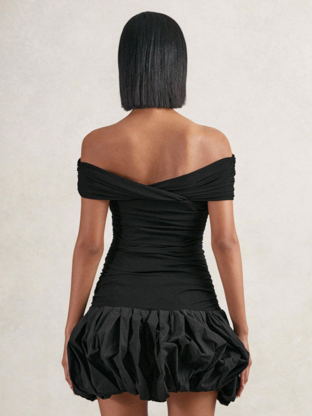 Off-Shoulder Puffball Mini Dress in Black