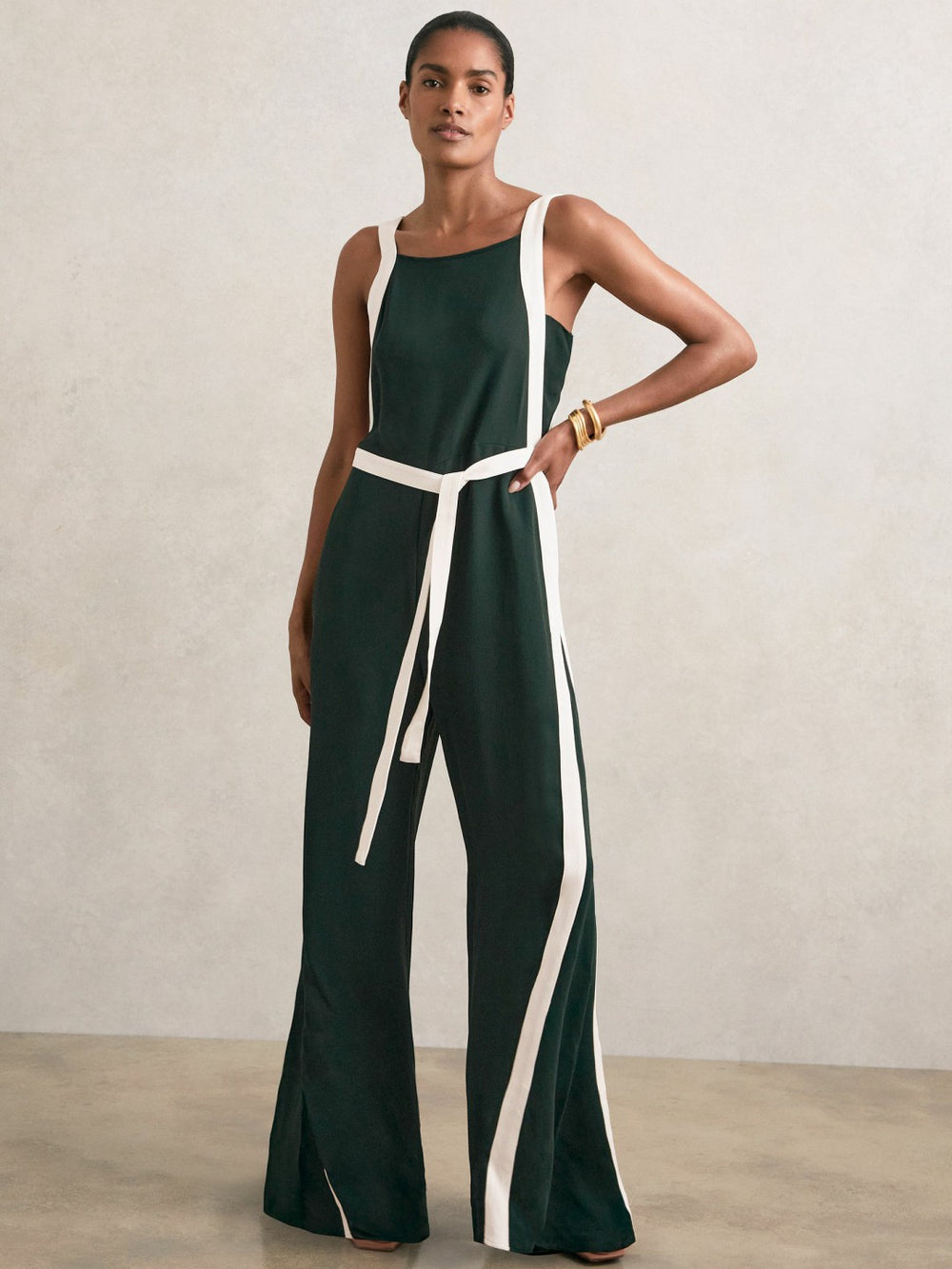 Colourblock Wide Leg Belted Jumpsuit in Dark Green/Cream