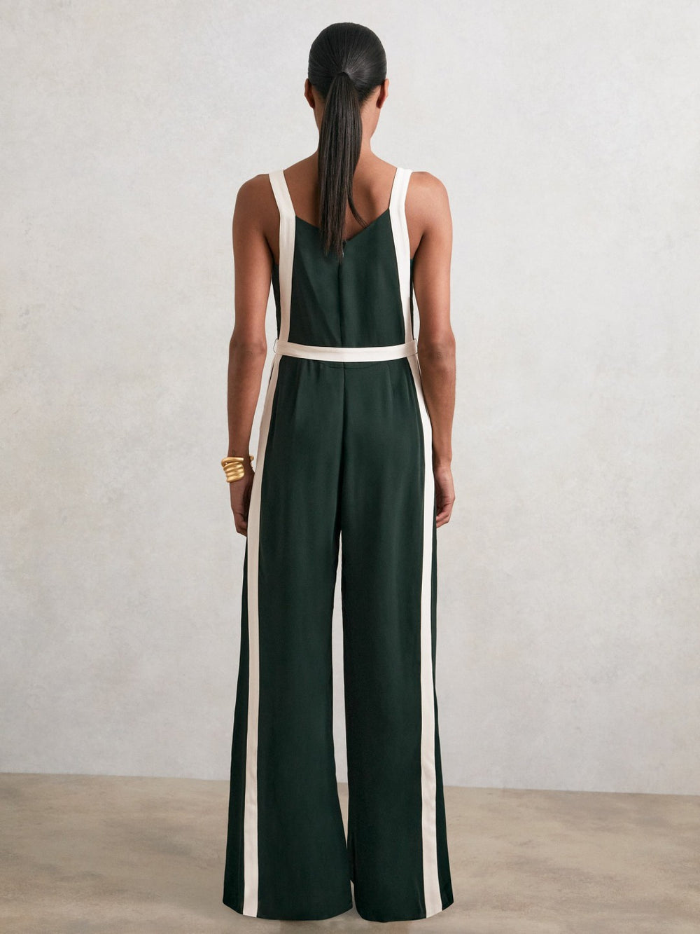 Colourblock Wide Leg Belted Jumpsuit in Dark Green/Cream