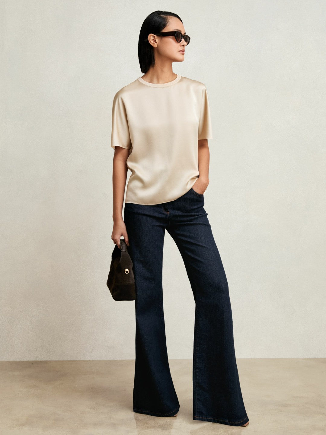 Silk Short-Sleeve Top in Champagne Neutral