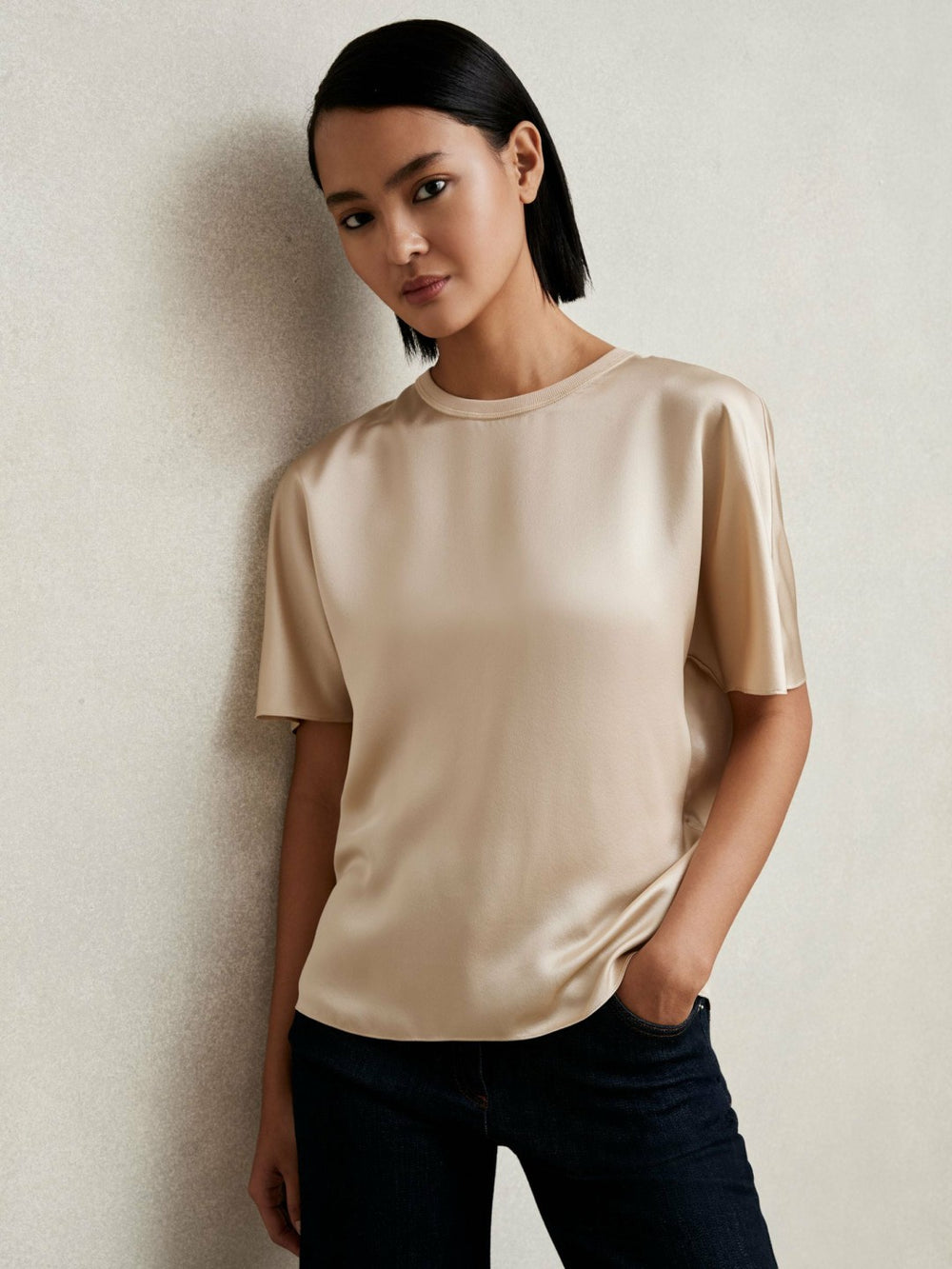 Silk Short-Sleeve Top in Champagne Neutral