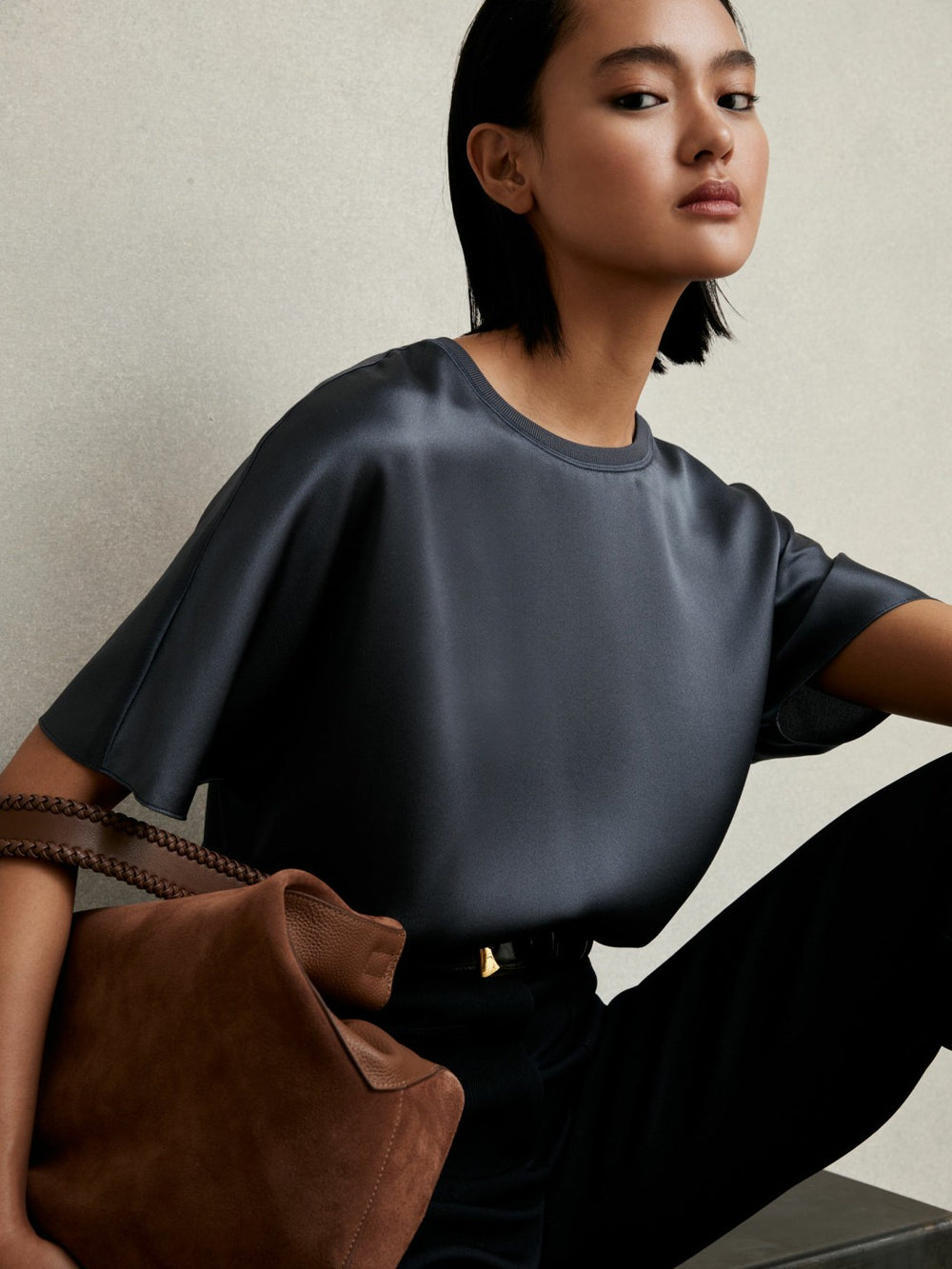 Silk Short-Sleeve Top in Blue
