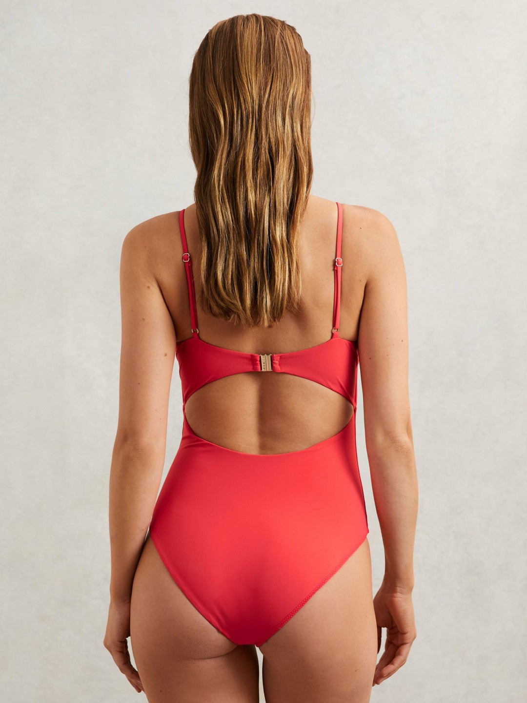 Hardware-Strap Cut-Out Swimsuit in Coral Red
