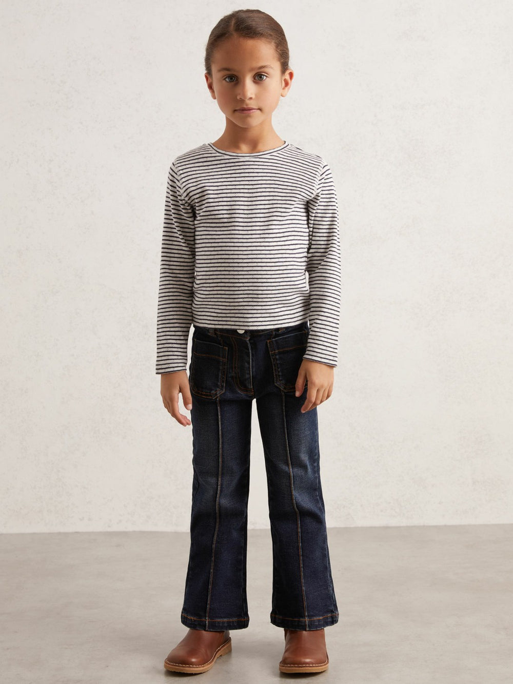 13-14 yrs Cotton Pointelle Long Sleeve Top in Navy/White