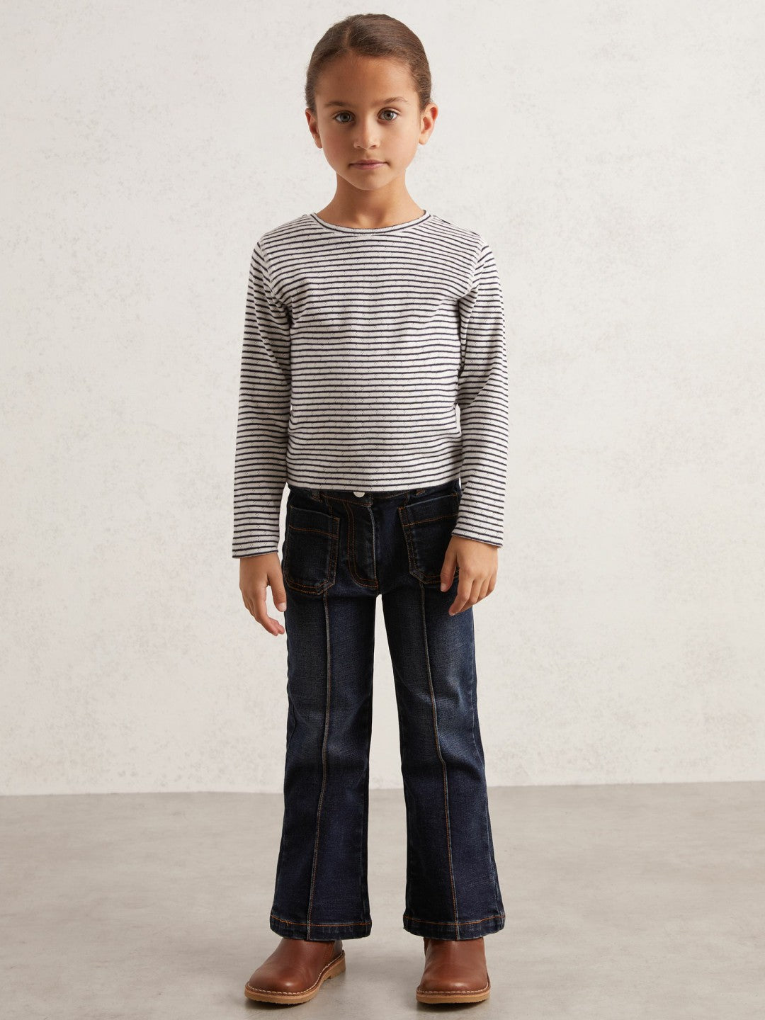 3-9 yrs Cotton Pointelle Long Sleeve Top in Navy/White