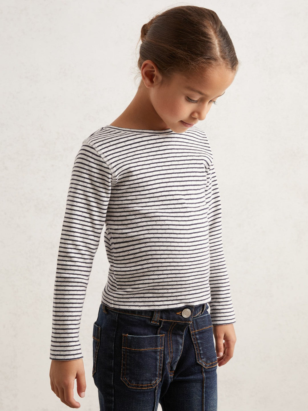 3-9 yrs Cotton Pointelle Long Sleeve Top in Navy/White