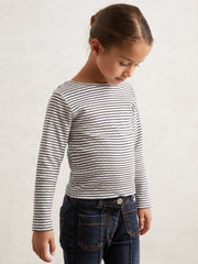 9-13 yrs Cotton Pointelle Long Sleeve Top in Navy/White