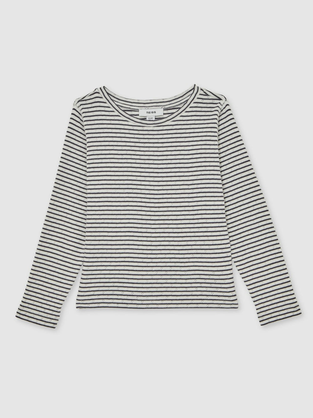 9-13 yrs Cotton Pointelle Long Sleeve Top in Navy/White