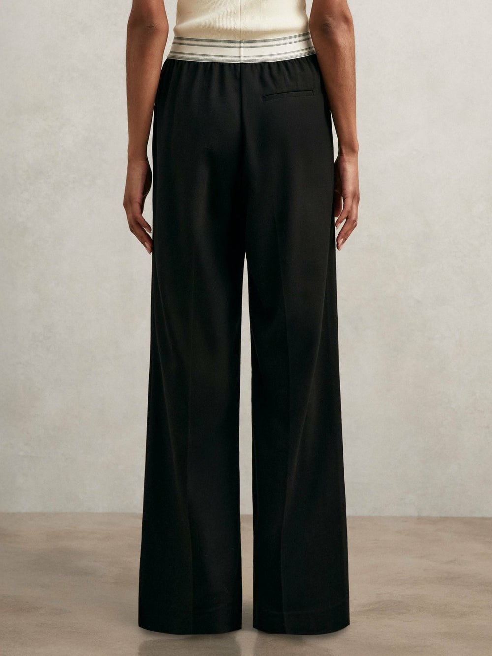 Wide-Leg Contrast-Waistband Trousers in Black