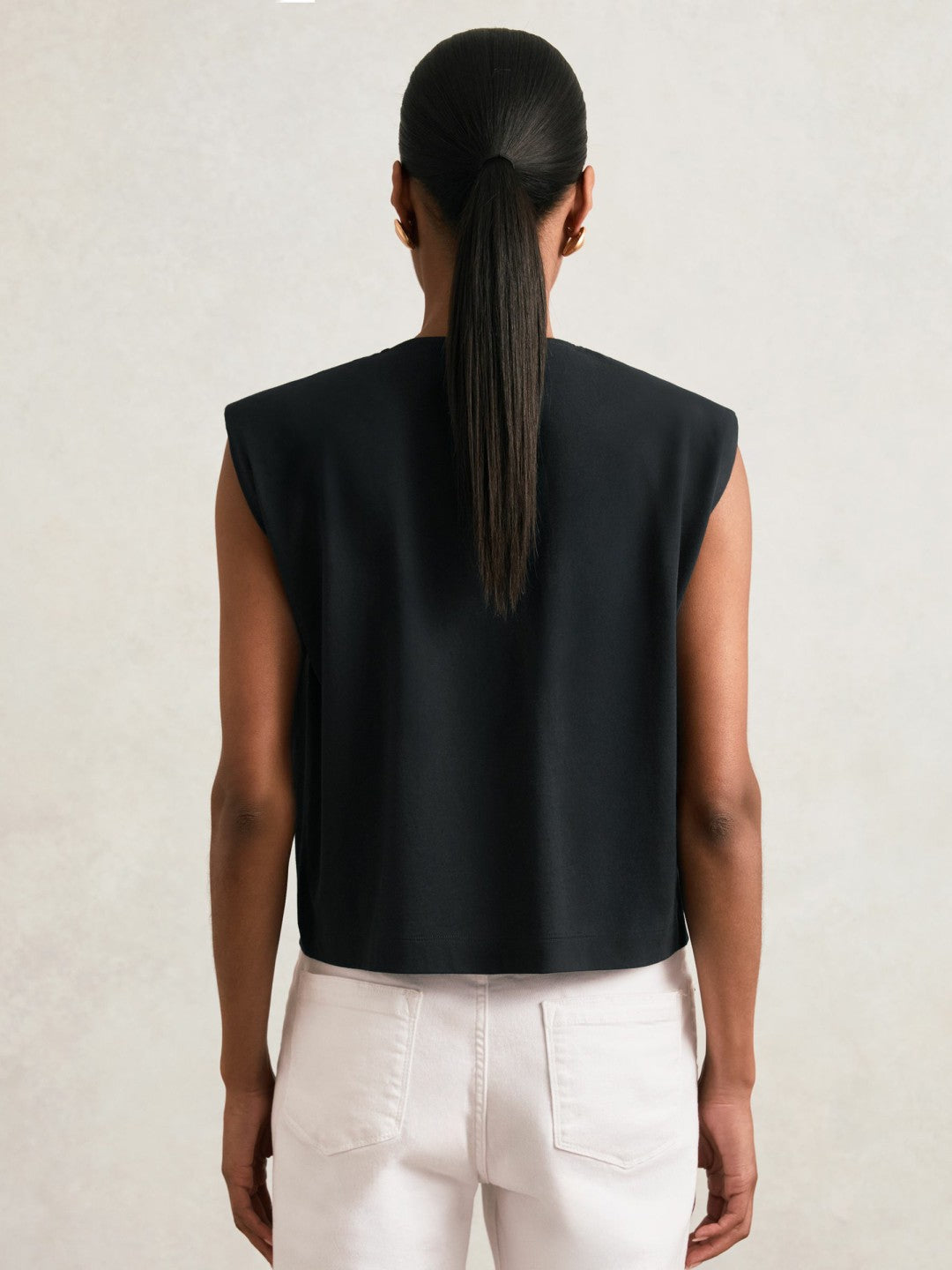 Cotton Shoulder-Pad V-Neck Top in Navy