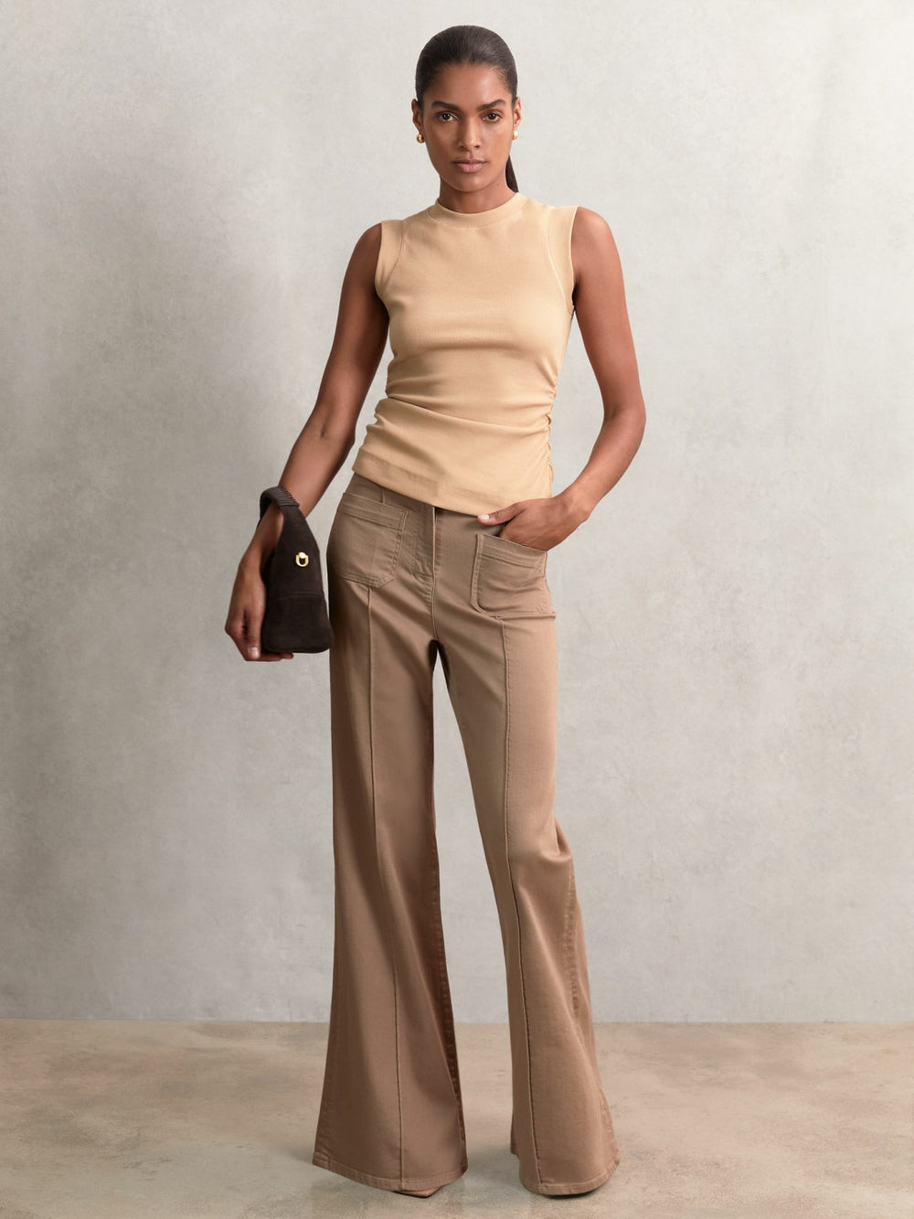 Fine-Rib Ruched Vest Top in Camel