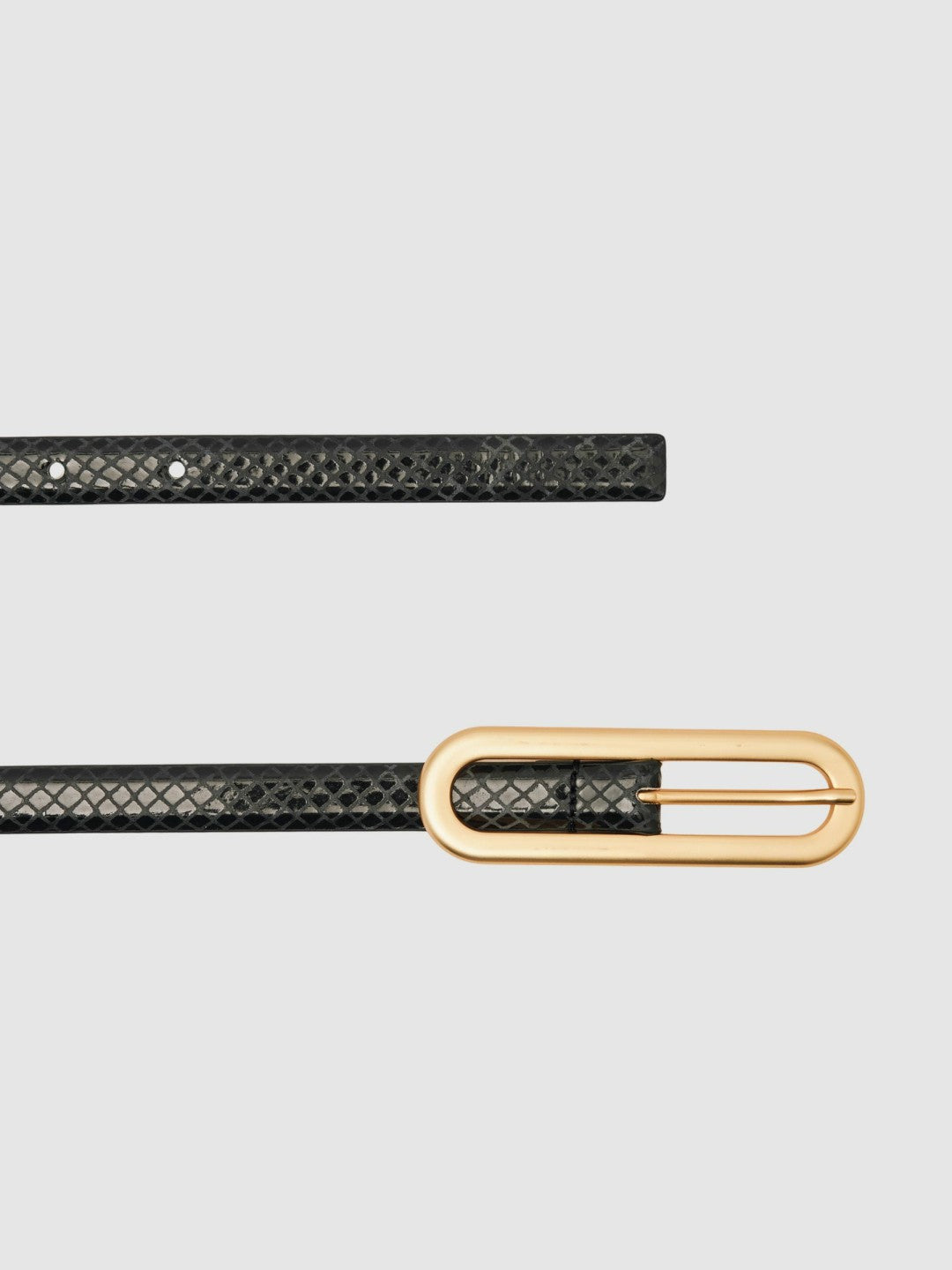 Leather Elongated-Buckle Skinny Belt in Black