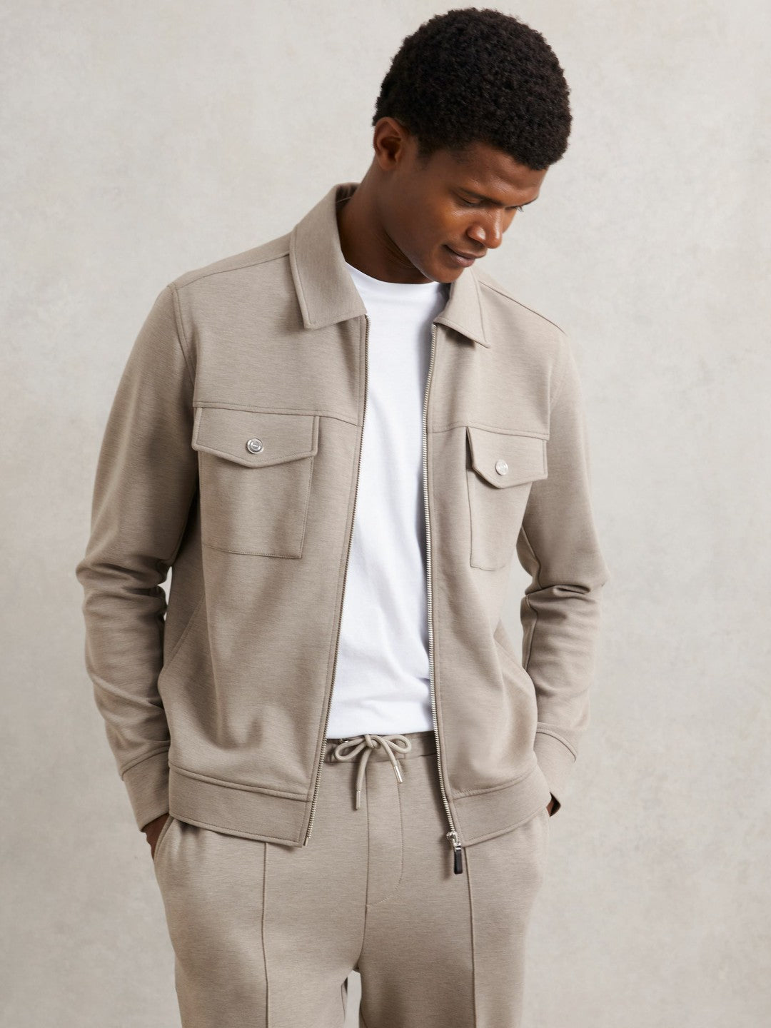 Interlock Jersey Zip-Through Jacket in Taupe Brown
