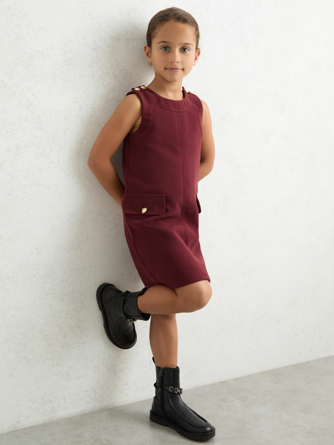 13-14 yrs Button-Detail Sleeveless Shift Dress in Berry