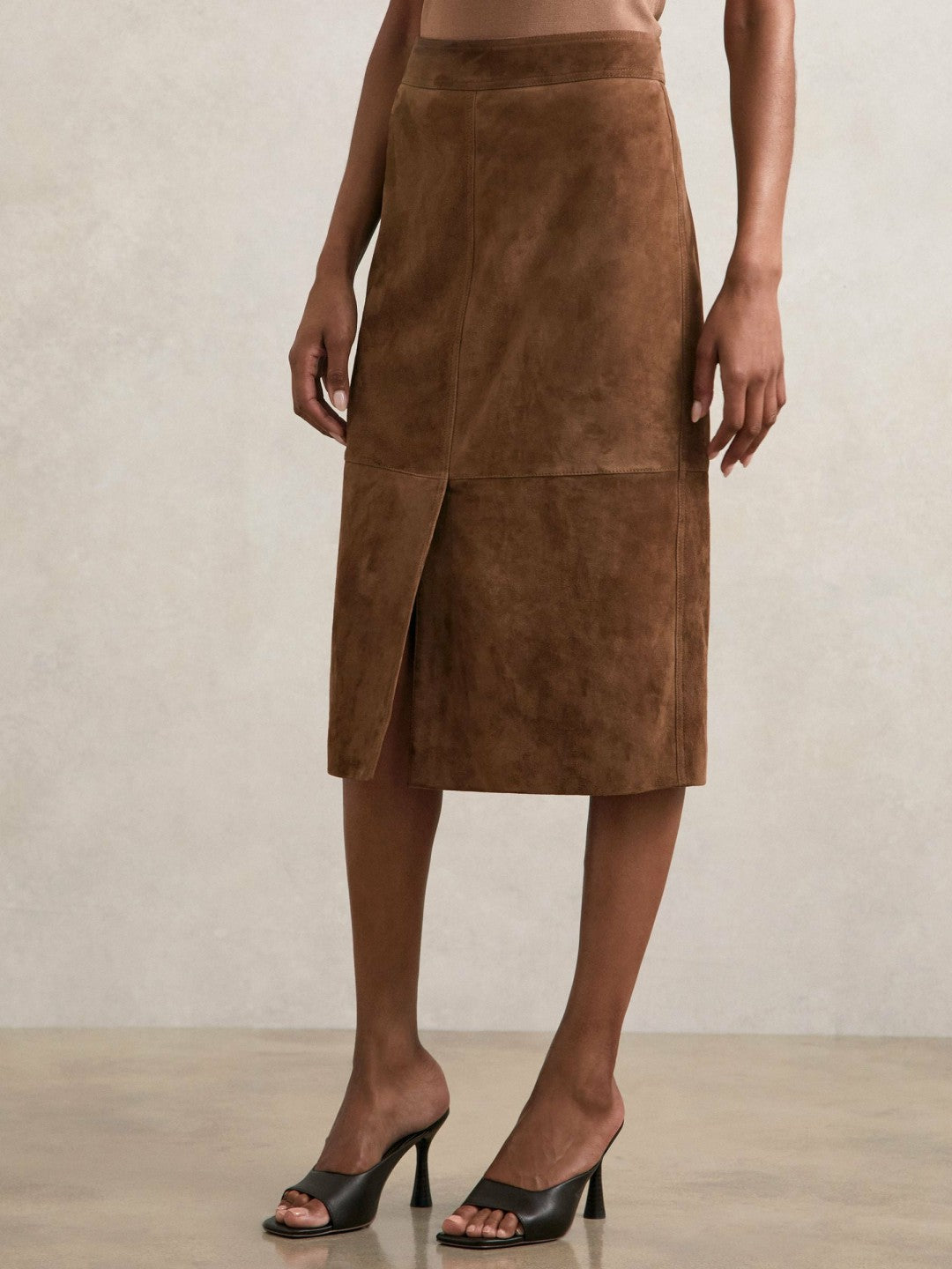 Suede Straight-Fit Midi Skirt in Tan Brown