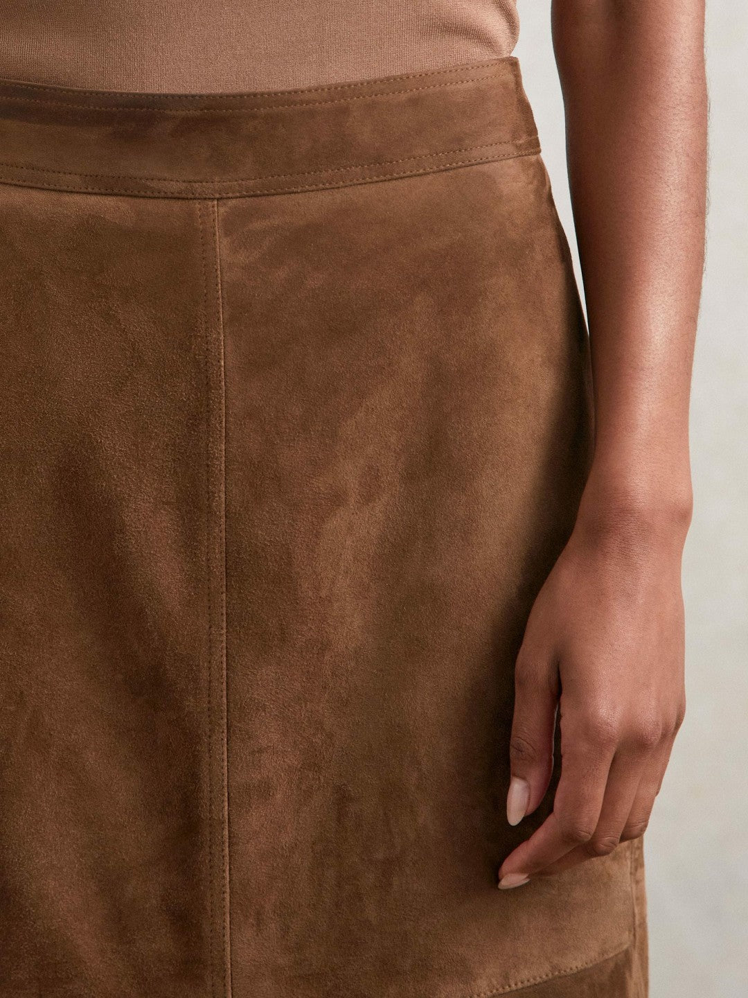 Suede Straight-Fit Midi Skirt in Tan Brown