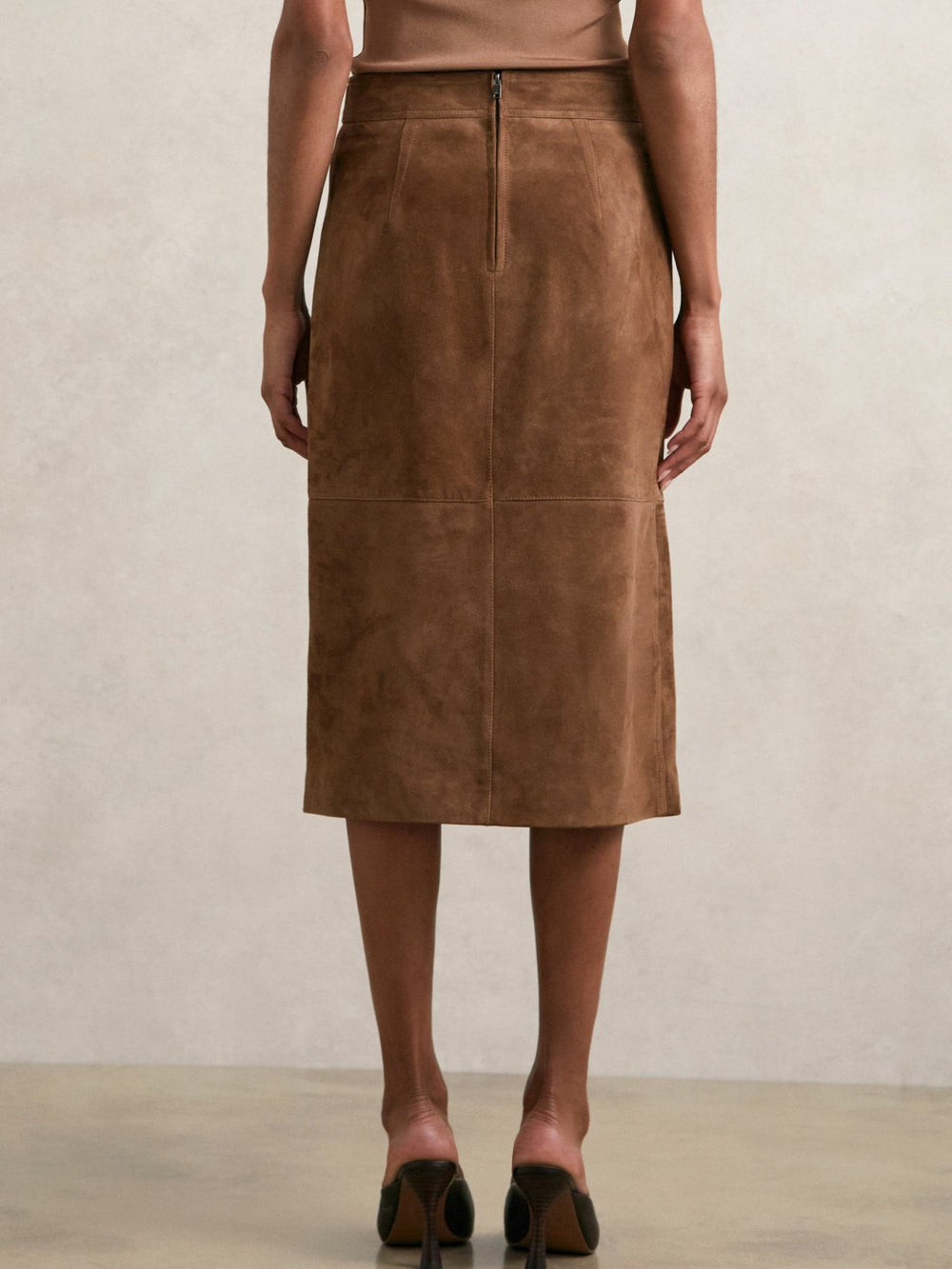 Suede Straight-Fit Midi Skirt in Tan Brown