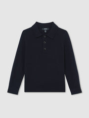 Merino Wool Long-Sleeve Polo Shirt in Navy