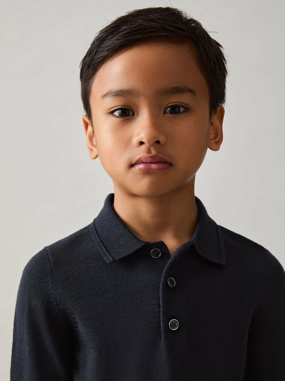 Merino Wool Long-Sleeve Polo Shirt in Navy