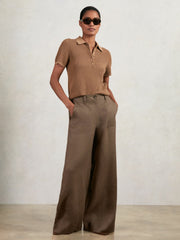 Petite Linen Wide Leg Trousers in Chocolate Brown
