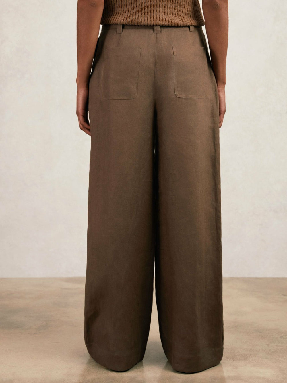 Petite Linen Wide Leg Trousers in Chocolate Brown