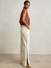 Petite Side Button Wide Leg Jeans in Cream