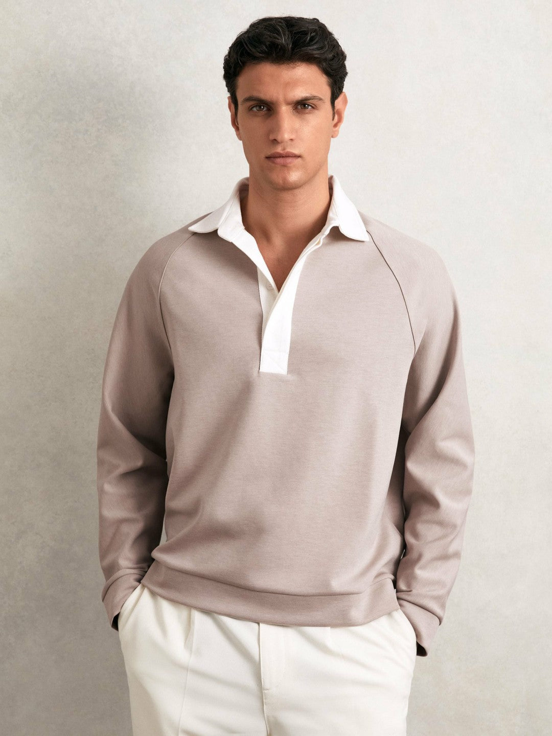 Colour Block Rugby Shirt in Oatmeal/White