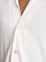 Plissé Cuban-Collar Long-Sleeve Shirt in Off White