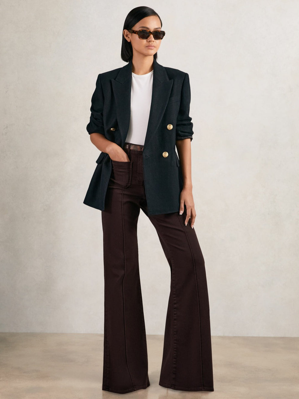 Petite Patch-Pocket Flared Jeans in Burgundy