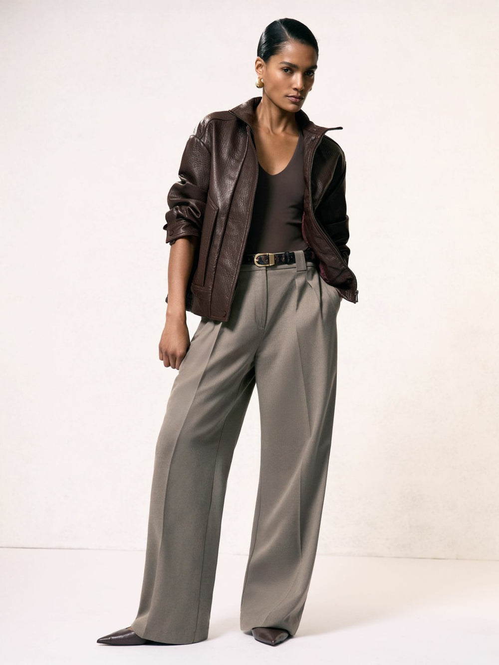 Oversize Grained-Leather Bomber Jacket in Burgundy