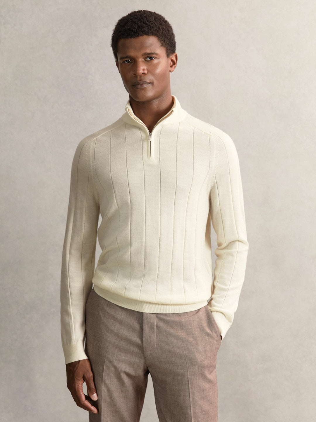 Merino Wool Wide-Rib Half-Zip Jumper in Bianco