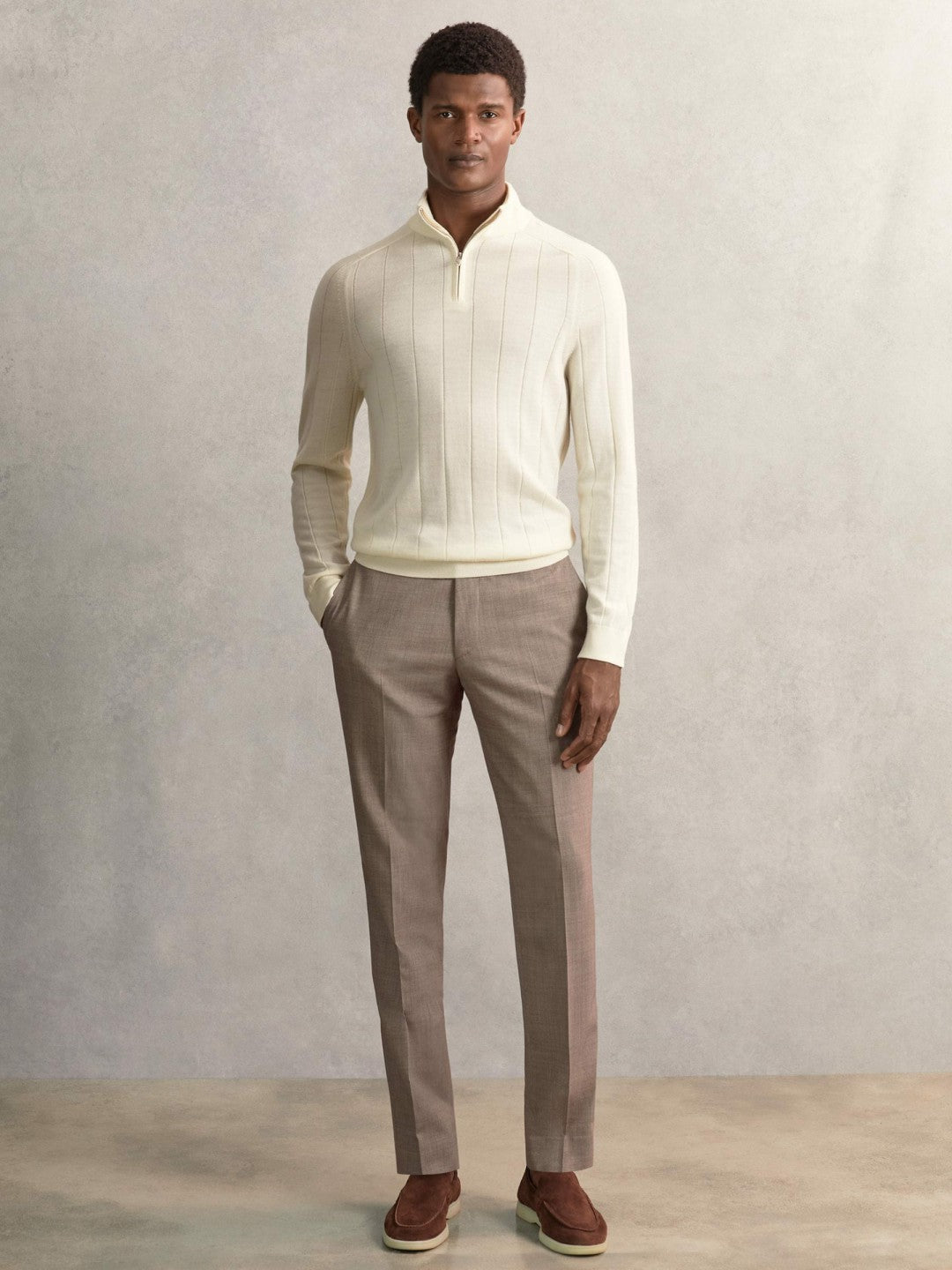 Merino Wool Wide-Rib Half-Zip Jumper in Bianco