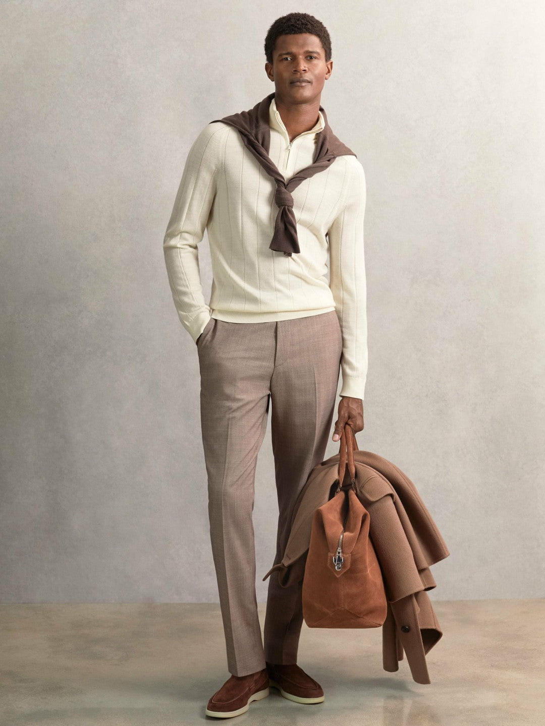 Merino Wool Wide-Rib Half-Zip Jumper in Bianco
