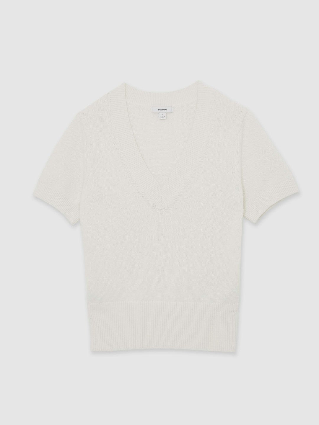 Cotton-Wool Knit V-Neck Top in Ivory