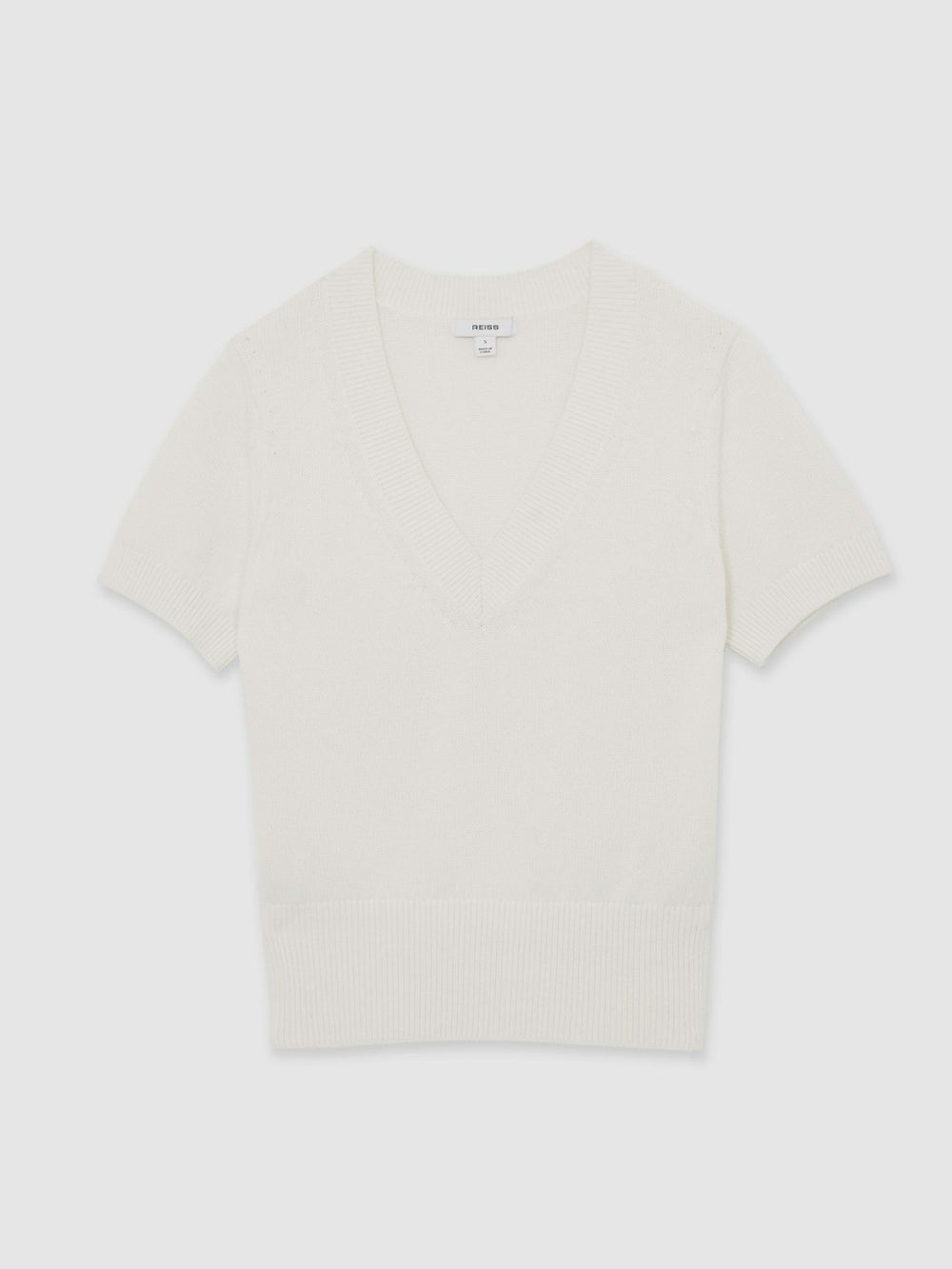 Cotton-Wool Knit V-Neck Top in Ivory