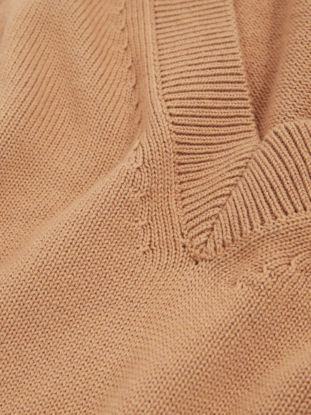 Cotton-Wool Knit V-Neck Top in Camel