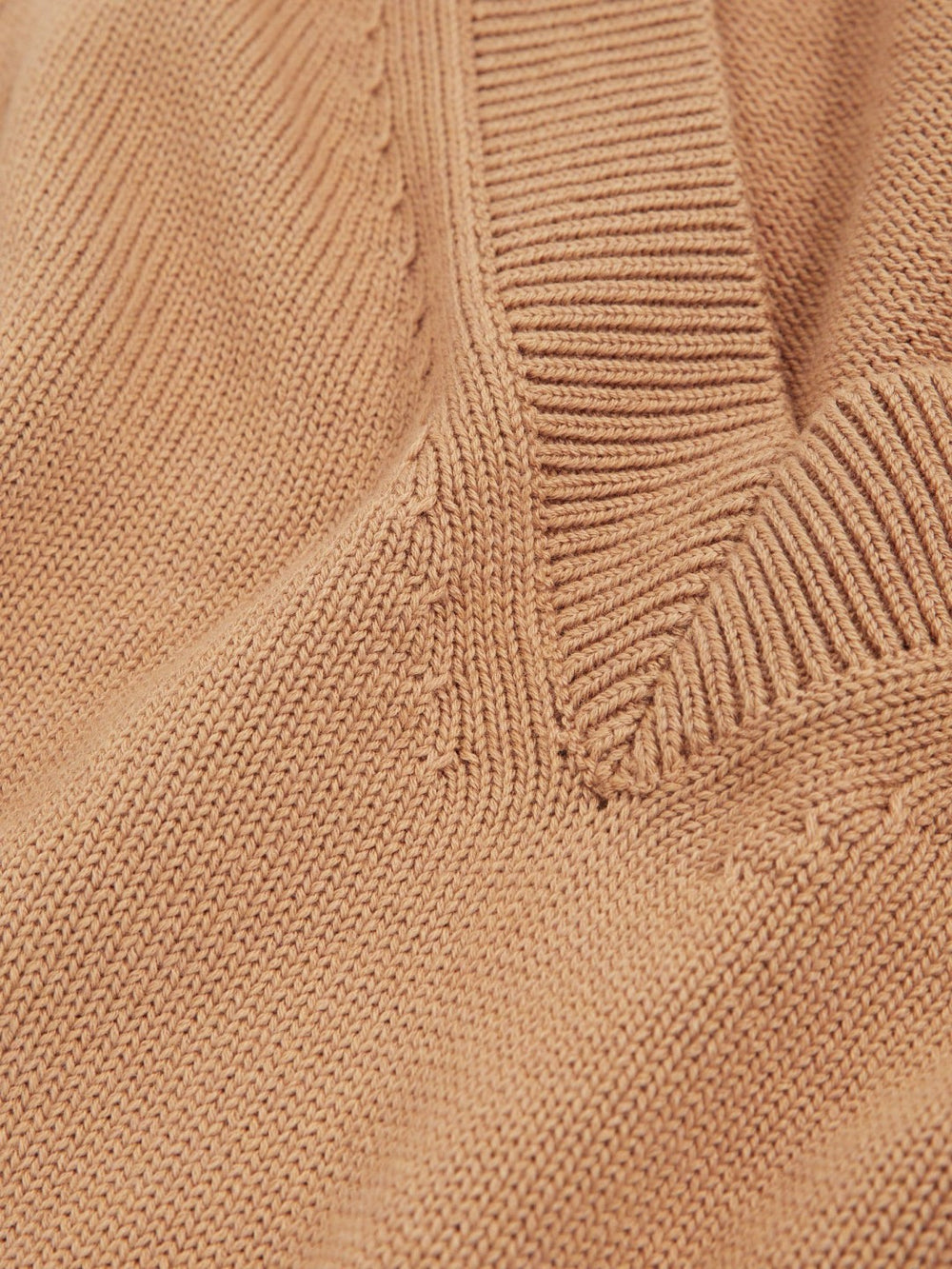 Cotton-Wool Knit V-Neck Top in Camel