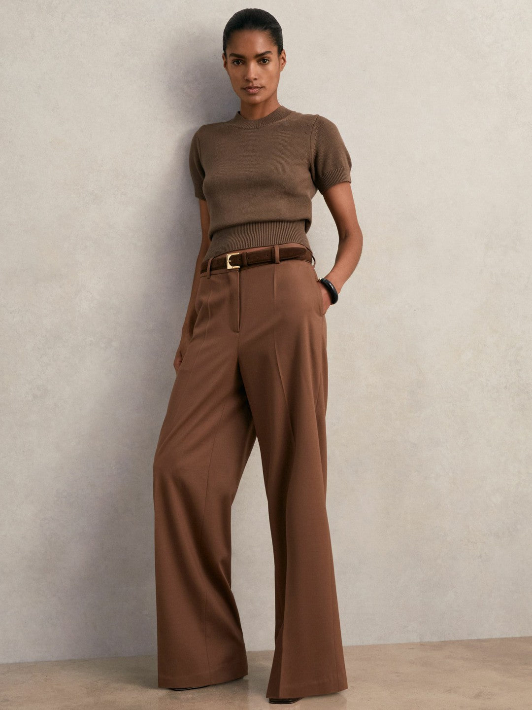 Cotton And Wool Crew-Neck Top in Brown