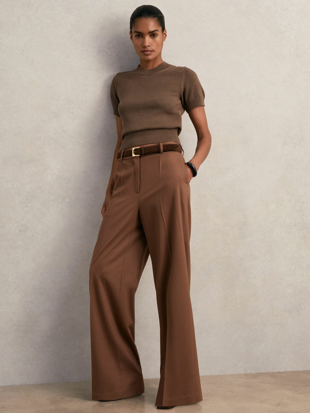 Cotton And Wool Crew-Neck Top in Brown