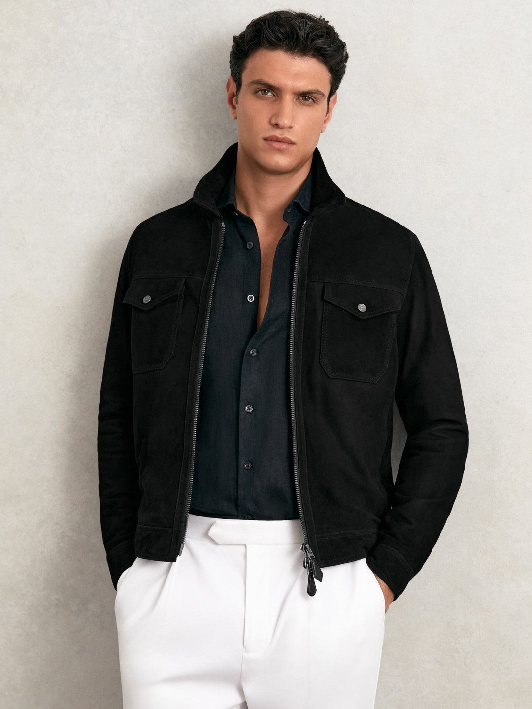 Suede Zip Through Jacket in Black