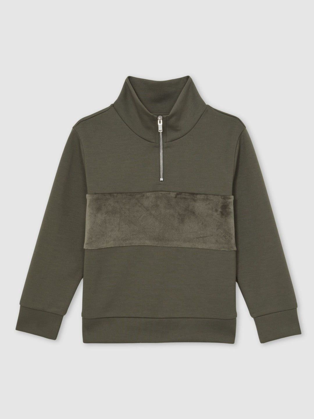 13-14 yrs Slim Fit Half-Zip Funnel Neck Velour Sweatshirt in Dark Sage Green