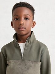 13-14 yrs Slim Fit Half-Zip Funnel Neck Velour Sweatshirt in Dark Sage Green