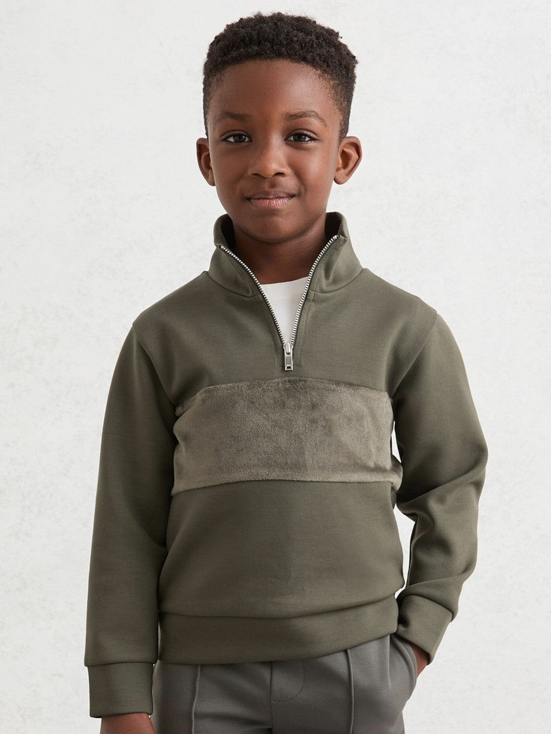 13-14 yrs Slim Fit Half-Zip Funnel Neck Velour Sweatshirt in Dark Sage Green