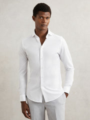 Cotton-Blend Jersey Cutaway-Collar Shirt in White