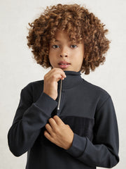 13-14 yrs Slim Fit Half-Zip Funnel Neck Velour Sweatshirt in Navy Blue