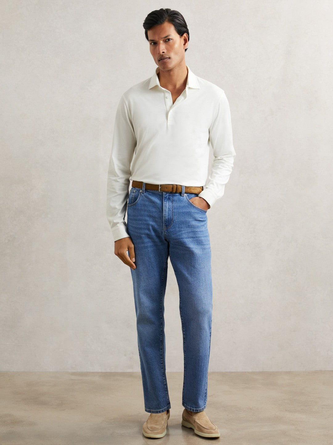 Cotton-Jersey Long Sleeve Polo Shirt in White