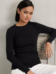 Cotton Long-Sleeve Ruched T-Shirt with Stretch in Black